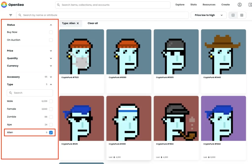 OpenSea - CryptoPunksのプロジェクトページ（引用：OpenSea）
TypeでAlienを選択すると9つしか出てこない