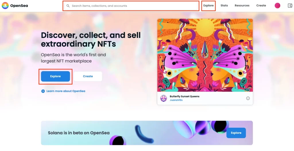 OpenSeaのトップページにはExploreと検索窓の2つのメニューが有る