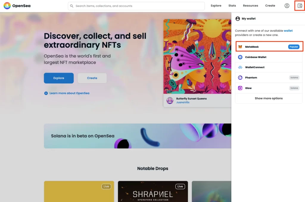 OpenSeaのトップページのメニューから自分のMetaMaskのウォレットを接続します