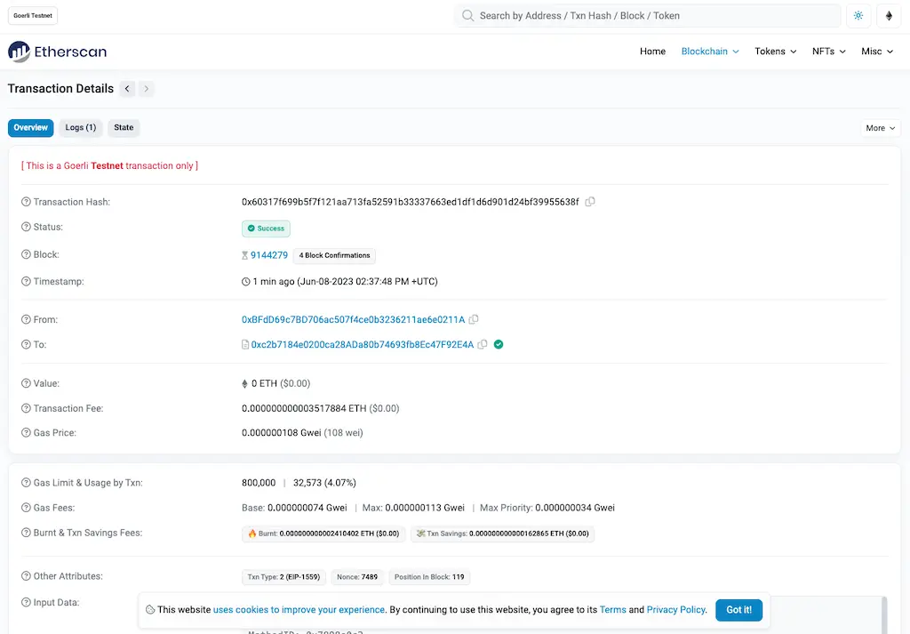 Etherscanではトランザクションの詳細を確認することができます。