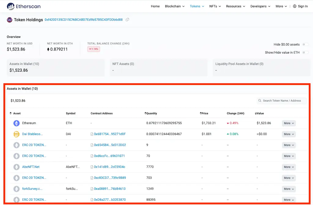 Etherscanでは、該当のアドレスが保有しているトークン情報についても確認できる