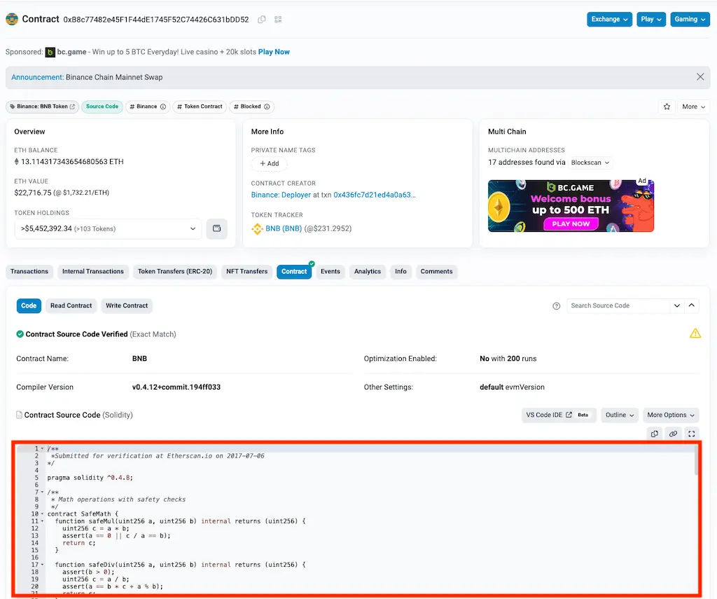 Etherscanでコントラクト情報を見る
