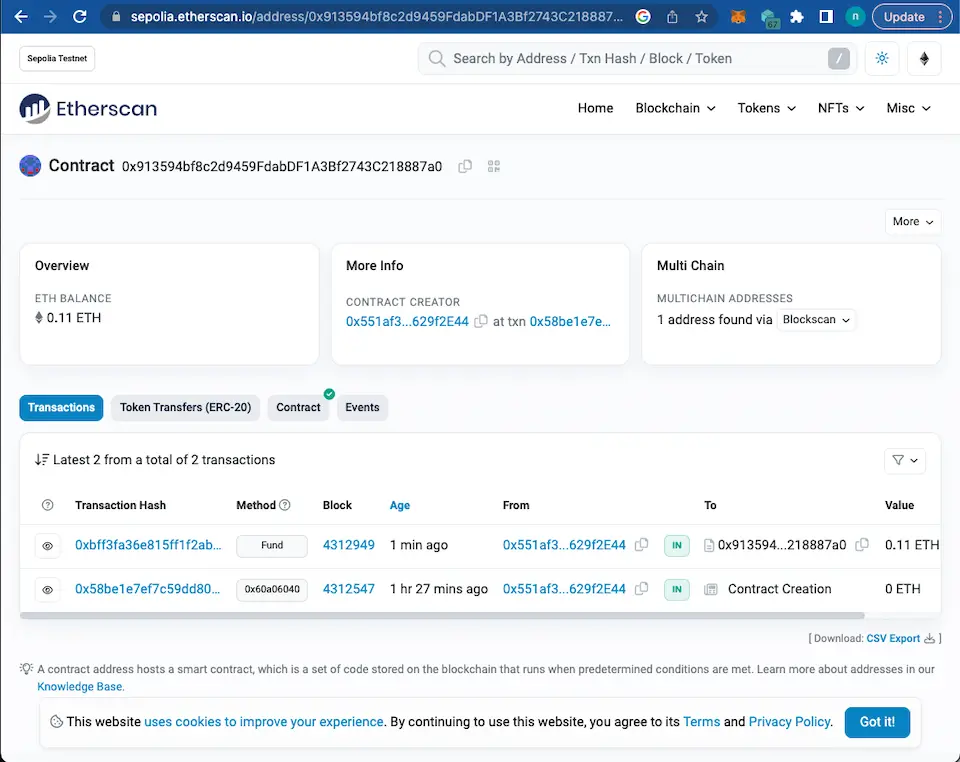 結果として、デプロイしたコントラクトのアドレスに0.11 ETHが送付されています。実際のコントラクトの残高は、Etherscanから確認ができます。